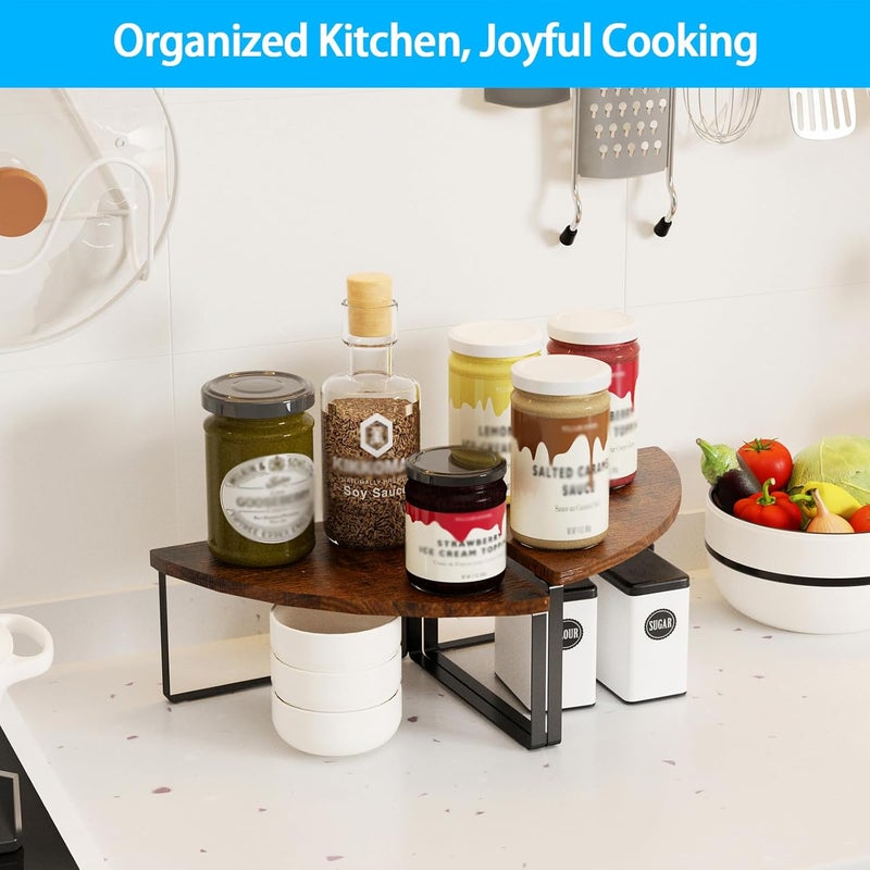 Golener Corner Shelf Countertop Organizer - Set of 2 Corner Shelves for Kitchen Cabinet Organizer, Spice Rack, Stackable Bathroom Organizers and Storage, Sink Rack, Corner Cabinet, Counter Decor, Rustic Brown - Image 2